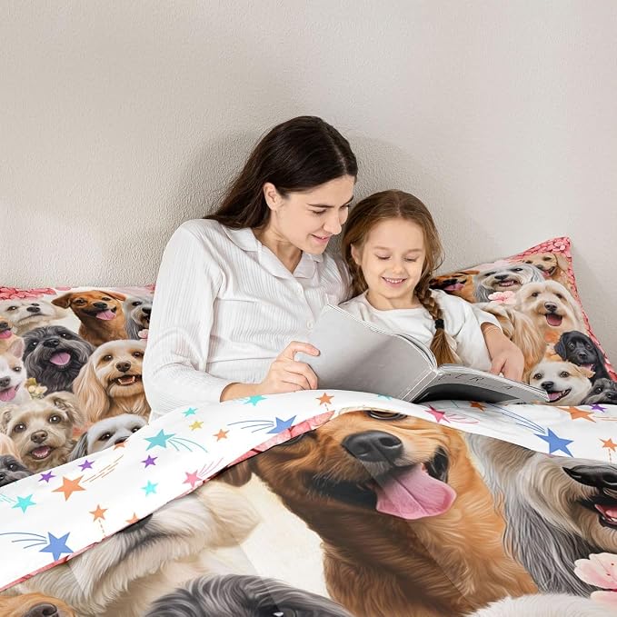 Feelyou Cute Dog Bedding Set Cartoon Animal Comforter Set for Kids Boys Girls Pet Dog Lover Decor Comforter Floral Plants Red Quilt Room 3Pcs Queen Size Boys - Image 6