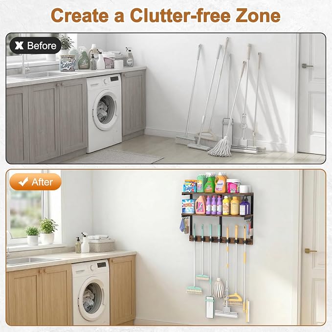 Housolution Wall Mount Broom Holder Laundry Room Storage Organizer Shelves | 2 Tier Large Capacity, Thickened Metal Frame, 100 LBS High Load-Bearing, Multifunctional with 7 Grippers & 8 Hooks - Image 5