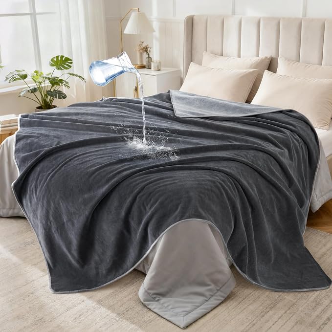 LOOBANI Waterproof Blanket for Twin Bed, Reversible Leakproof Throw 60"x80" | Waterproof Dog Blanket for Pet Accidents, Soft Flannel & Coral Fleece Bed Throw, Stain-Resistant Furniture Protector, Grey by LOOBANI