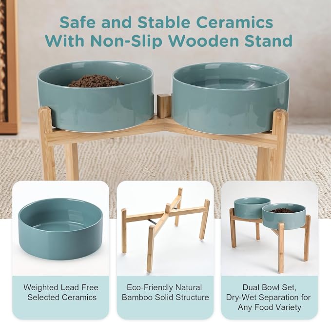 SPUNKYJUNKY Elevated Dog Bowls Ceramic, 8.3'' Dogs Food Water Bowls Raised with Non-Slip Bamboo Stand for Large Sized Breed Microwave Dishwasher Safe - 60 OZ,Dark Green - Image 6