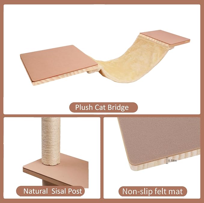 Cat Shelves for Wall，Solid Wood Cat Wall Furniture with Scratching Post,Hammock,Jumping Boards,Steps,Condo and Felt Pads, Suit for Cats Climb, Jump, Nap, Scratch-Beige - Image 4