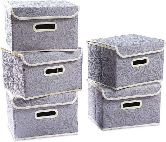 PRANDOM Stackable Storage Boxes with Lids [5-Pack] Fabric Decorative Storage Bins Cubes Organizer Containers Baskets with Cover Handles Divider for Bedroom Closet Living Room Grey 9.8x7.9x6.7 Inch by Prandom