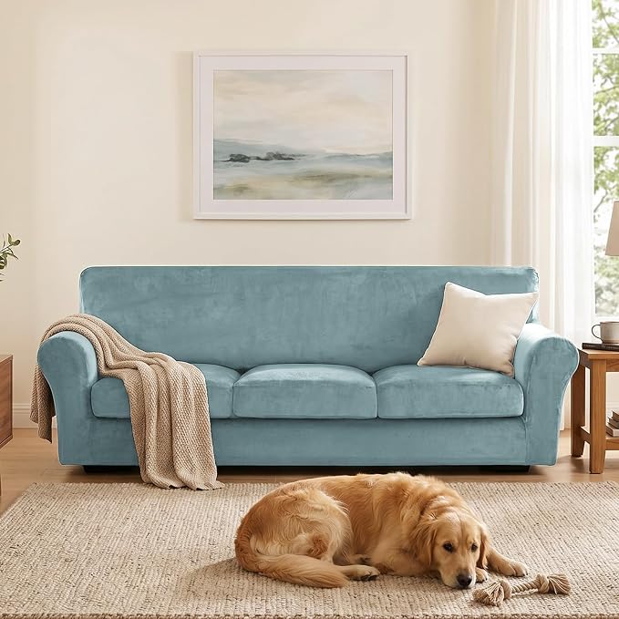 XINEAGE 4-Piece Velvet Oversize Sofa Cover, Couch Covers for Dog,Gray Blue | 3 Cushion Large Sofa,Stretch Non-slip Elastic, Pet-friendly, Washable, Fast Setup, Soft Plush Fabric, Furniture Protector. - Image 4