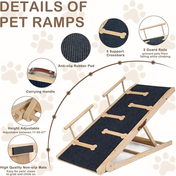 Dog Ramp for Bed, Non-Slip Pet Ramp with Adjustable Heights, Portable Foldable Dog Ramps for Cars, SUVs, Beds - Anti-Slip Traction Surface, Holds Up to 160 lbs, Lightweight & Easy Storage (47.3 INCH)