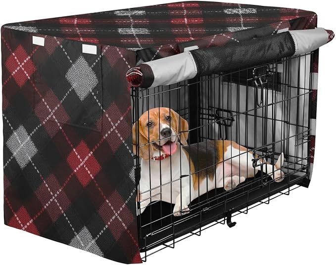 Dog Crate Cover Kennel Cover for Dog Cages Breathable for Wire Cage Indoor Outdoor Dark Red Black Argyle - Image 2