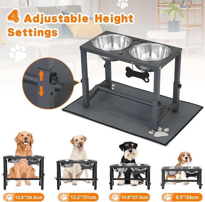 Elevated Dog Bowls, 4 Height Adjustable Metal Raised Bowl Stand with 2 Thick Stainless Steel Food Bowls & Spill-Proof Mat, Adjusts to 13.6'', 12.2'', 10.9'', 9.5'' for Large/Medium Breeds - Image 5