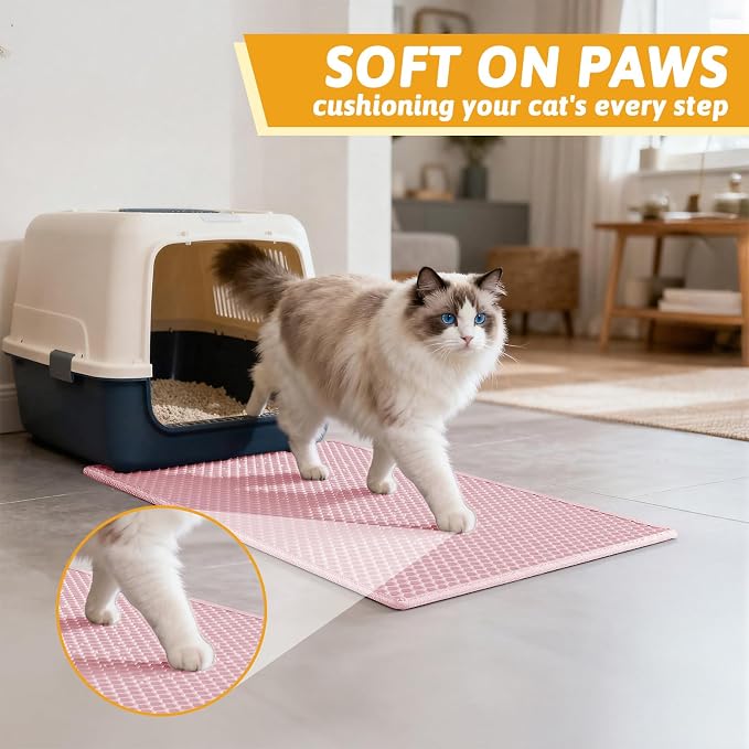 Pieviev Cat Litter Mat, Double-Layer Waterproof Litter Trap, 24" x 15" Pink | Honeycomb Design Catches Scattered Particles to Stop Tracking, Urineproof Base Protects Floors, Easy to Clean - Image 4