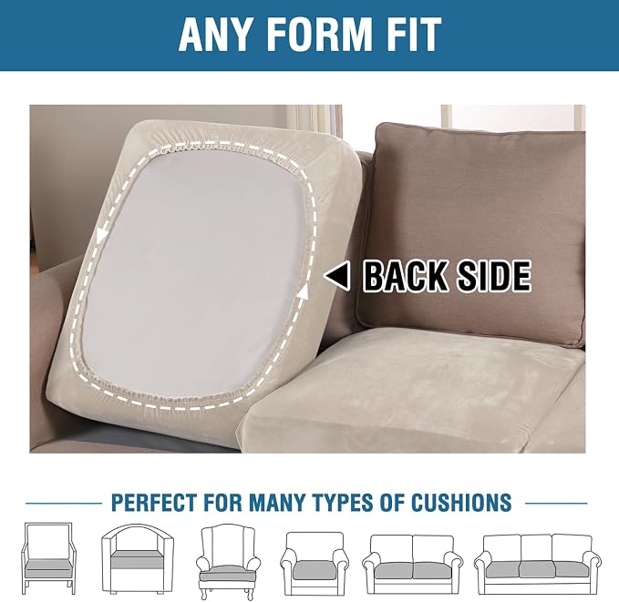 H.VERSAILTEX Velvet Stretch Couch Cushion Cover Plush Cushion Slipcover for Chair Loveseat Sofa Cushion Furniture Protector Seat Cushion Sofa Cover (2 Piece Medium Sofa Cushion Covers, Ivory) - Image 5