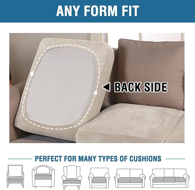 H.VERSAILTEX Velvet Stretch Couch Cushion Cover Plush Cushion Slipcover for Chair Loveseat Sofa Cushion Furniture Protector Seat Cushion Sofa Cover (3 Piece XL Sofa Cushion Covers, Ivory) - Image 5