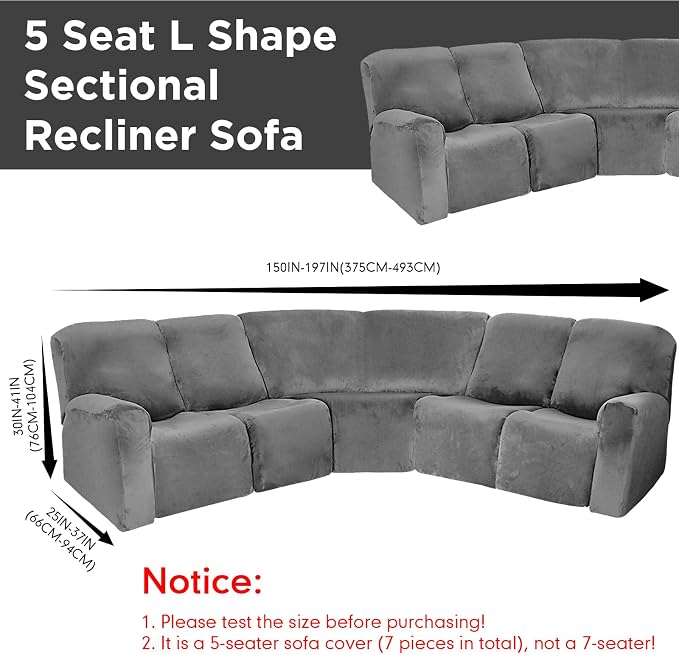 Peryiter 7 Pcs L Shape Sectional Recliner Sofa Covers 5 Seat Sectional Couch Covers Milk Silk Velvet Stretch Reclining Sofa Slipcover Furniture Protector for Living Room(Dark Gray,Velvet) - Image 3