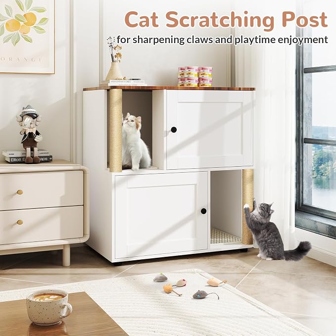 Yafylly Double Litter Box Enclosure for 2 Cats, 2-Tier Cat Litter Box Furniture with Scratching Posts & Litter Mat, Hidden Cat Litter Cabinet, Space Saving Vertical Design, Fits Most Litter Boxes - Image 5