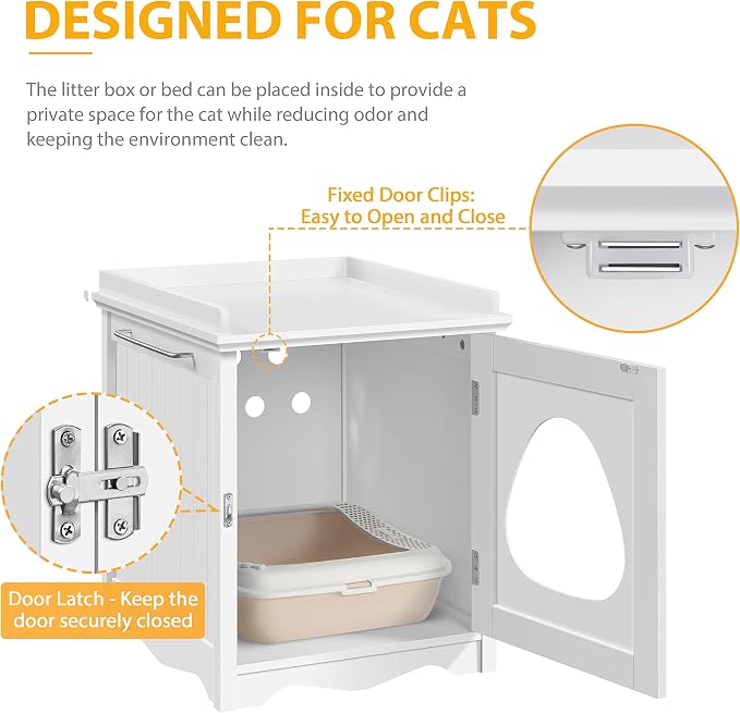 Yaheetech Cat Litter Box Enclosure, Hidden Litter Box Furniture with Side Towel Bar, Wooden Cat Washroom, Storage Cabinet, Indoor Pet House, Side Table Nightstand, White - Image 3