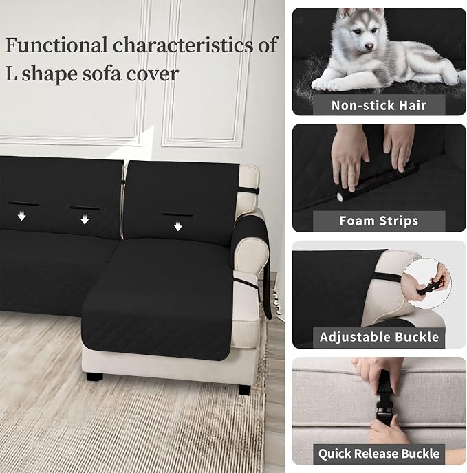 Easy-Going Waterproof Sectional Couch Covers with Chaise 2-Piece Non Slip L Shape Sofa Cover for Dogs Leakproof Furniture Protector Cover with Adjustable Strap for Pets (Small, Black) - Image 3