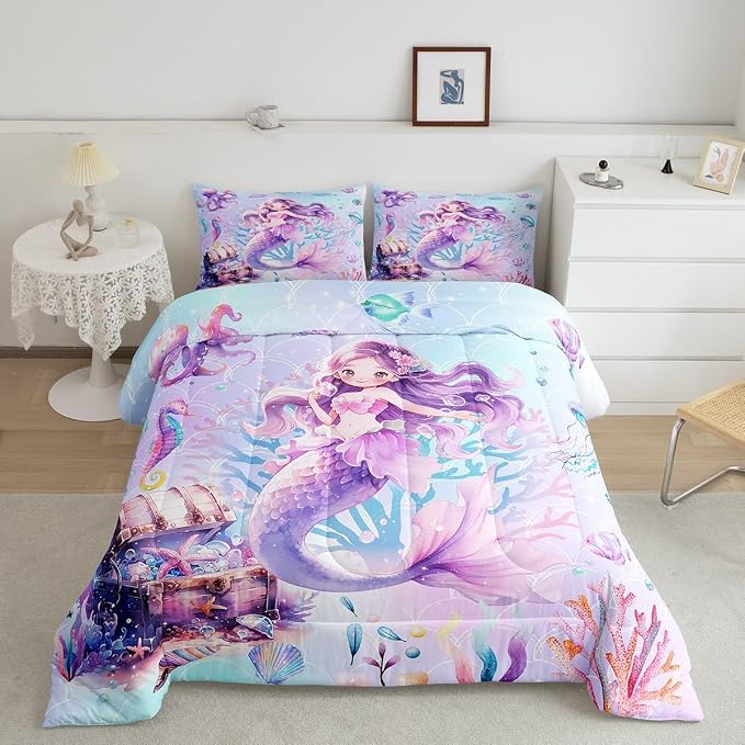 Manfei Mermaid Girl Twin Bedding Sets for Girls,Cute Starfish Octopus Sealife Comforter Set Kids Bedroom Decor,Dreamy Underwater World Quilted Comforter,Purple Mermaid Tail Blanket Bedding,Girl Gifts by Manfei