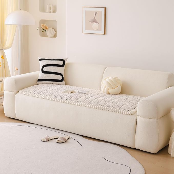 DREAMINGO Pet Couch Cover, Beige, 27.6x59.1 Inch | Non Slip, Fuzzy Plush, Washable, Geometric Jacquard, Cushion Protector - Image 7