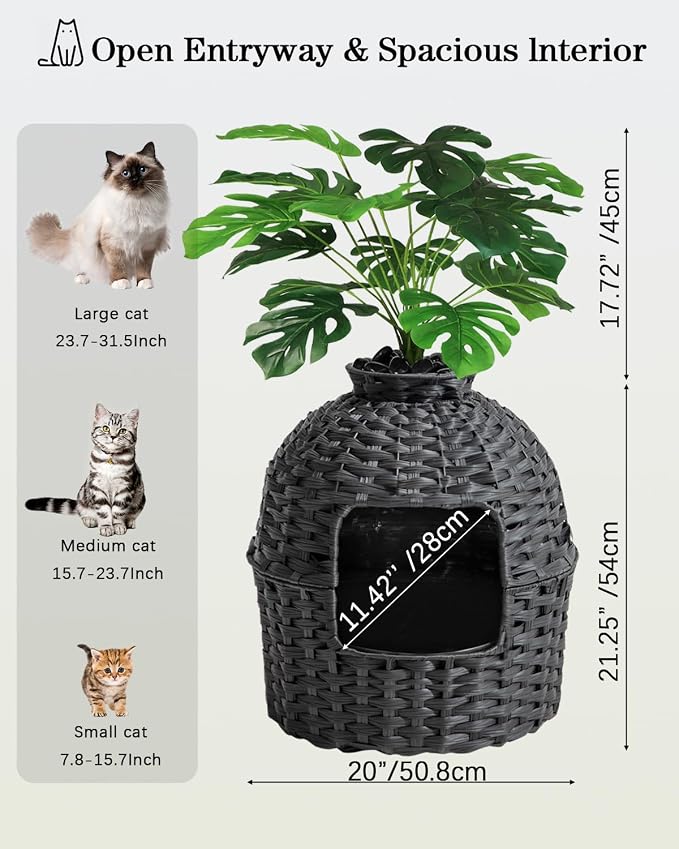SETVSON Cat Litter Box Plant Furniture Enclosure, PE Rattan House, Black | Decorative Planter Design, Easy Clean, Artificial Plants & Real Stones Included, Private Inner Litter Box, 20" x 20" Compact - Image 5
