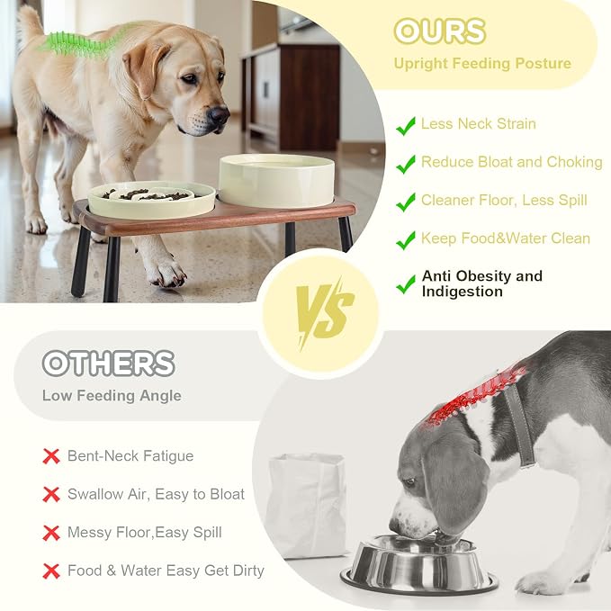 SPUNKYJUNKY Ceramic Elevated Dog Bowls with Slow Feeder Raised Acacia Bamboo Wooden Stand, 8.3'' Dog Food Water Bowls Set Non-Slip for Medium Large Sized Breed Microwave Dishwasher Safe - Beige - Image 3
