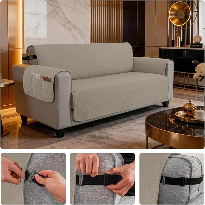 100% Waterproof Couch Cover,Straps&Pockets,pet Friendly,68" Camel | Washable sofa cover, pet-friendly, scratch-resistant furniture protector, quilted sofa cover, reversible, non-slip backing. - Image 6