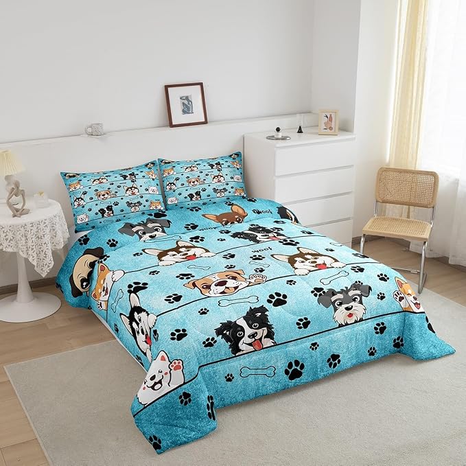 Manfei Cute Dog Comforter Set for Kids Room Decor Cartoon Puppy Pet Animals Bedding Comforter Queen Size Black Paw Print Blue Soft Polyester Quilt Set with 2 Pillowcases - Image 2
