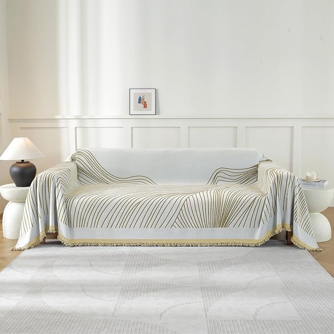Couch Cover for Sofa, Boho Sofa Cover Washable Couch Cover for Dogs, Pet Sofa Cover for 2-Cushion Couches with Tassel Furniture Protector Cover,71" x 118",Khaki-Wave by YSTELLAA