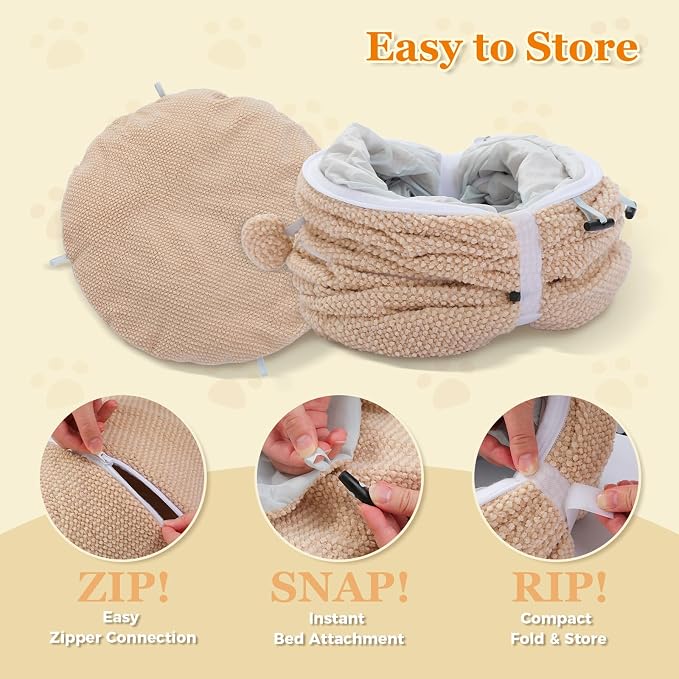 PEQULTI Cat Donut Tunnel with Bed for Indoor Cats, Cat Play Tunnel with Washable Soft Plush Mat, Round Tube Toys Cute Tube for Kittens, Puppies, Rabbits and Ferrets, Beige - Image 6