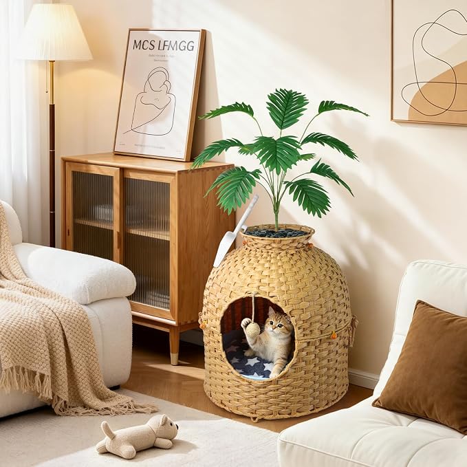 Cat Hidden Litter Box Enclosure Furniture, Handwoven Rattan Cat House with Decorative Faux Plant, Cat Litter Box with Scoop & Sisal Ball, Real Stones for Living Room, Bedroom, Corner Natural - Image 6