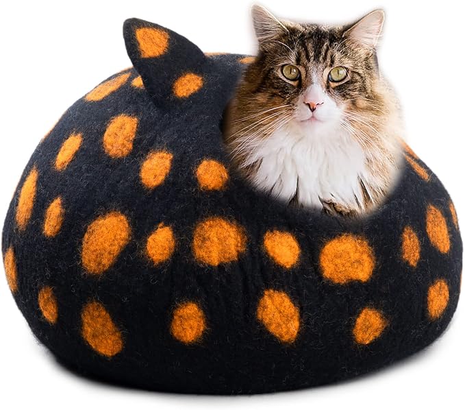 Wool Cat Cave Bed - Extra Warm, Handcrafted, Eco-Friendly Felt Cat Cave for Indoor Cats and Kittens (White Polka) by Woolygon (Black Polka) - Image 5