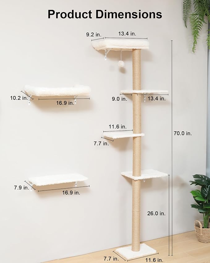 FUKUMARU Cat Wall Shelves Set, 70 inch Wall Mounted Tree, Beige | Kitten Scratching Post with Soft Cushion Perch, Space Saving Climbing Wall Furniture for 16 Inch Drywall - Image 4