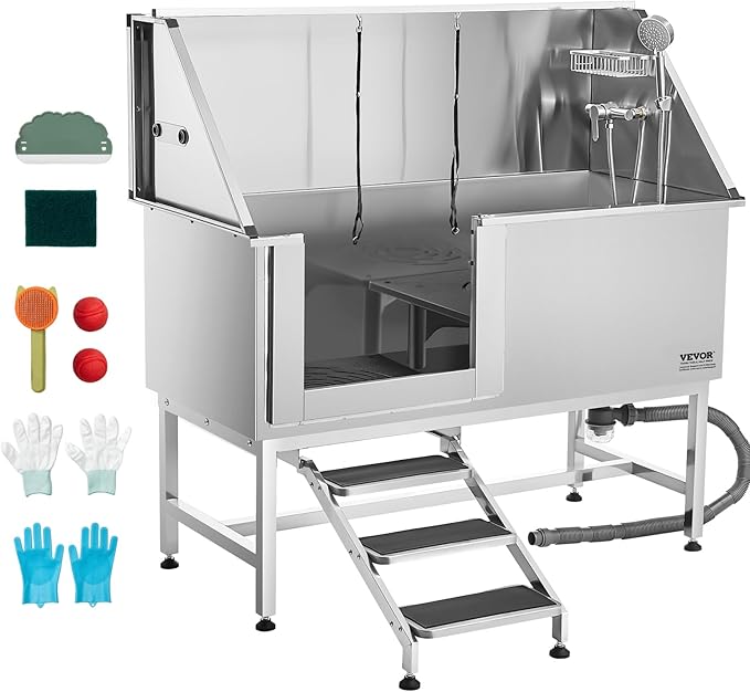 VEVOR Stainless Steel Dog Washing Station, Professional 62 inch Pet Grooming Tub w/Stairs, PE Water Filter Board, Faucet & Showerhead & Soap Holder Bathtub for Large & Medium & Small Pets (Left Door) by VEVOR