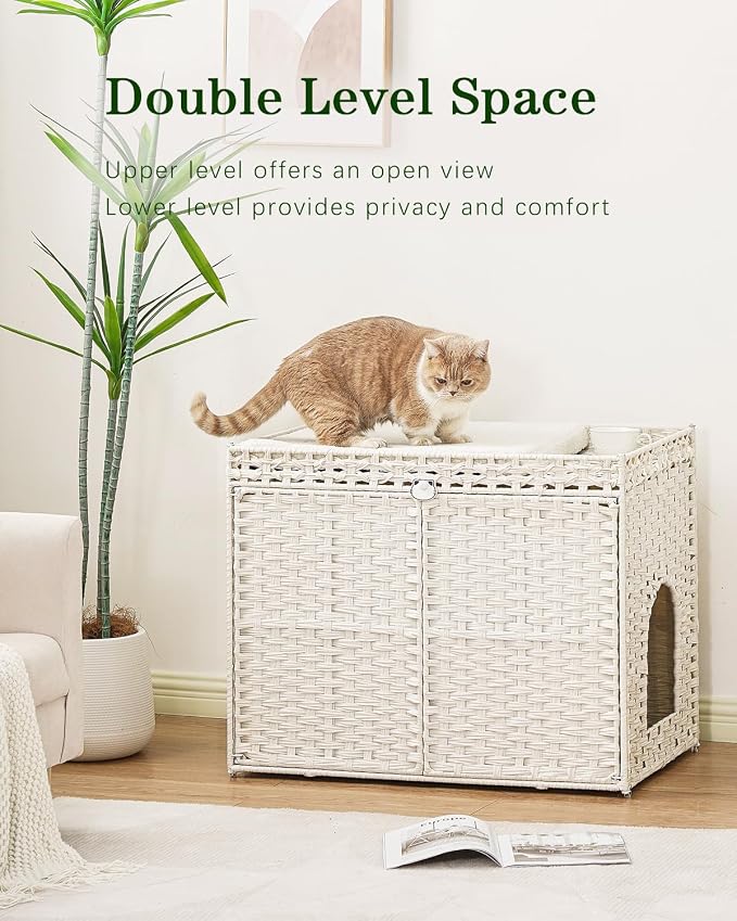 SETVSON Cat Litter Box Enclosure Furniture, Handwoven Rattan Hidden Litter Box with Mat, Large Space Cat House with 2 S-Shaped Hooks 30.3 x 18.3 x 24.4 Inches, Indoor for Living Room Apartment White - Image 2