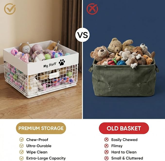 qeerable Dog Toy Box- Metal Toy basket for Dog - Dog Toys Storage Bin for Pet - Personalized Large Dog Toys Basket for Puppy and Pet- White Chew Resistant Dog Toy Chest & Organizer - Image 2