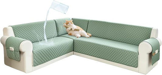 Sectional Couch Covers for Dogs 100% Waterproof Corner L Shaped Sofa Cover Pet Friendly Velvet Washable Anti Slip L Shape Modular Sofa Slipcover Protector with Pockets (Light Green, XL Plus) by SYJOVIA