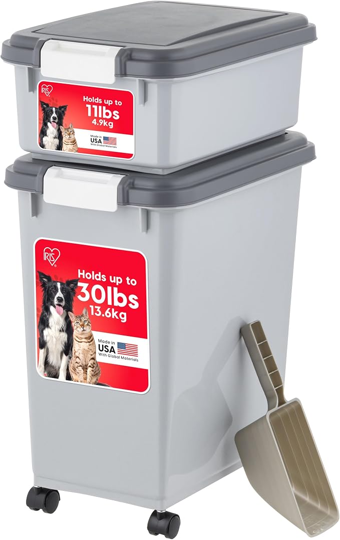 IRIS USA Dog Food Storage Container, 30 lbs & 11 lbs Combo, Cat Food Storage Container, Dog Treat Container, Airtight, Stackable, 2-Cup Scoop, Wheels, Easy Mobility, Gray by IRISUSA