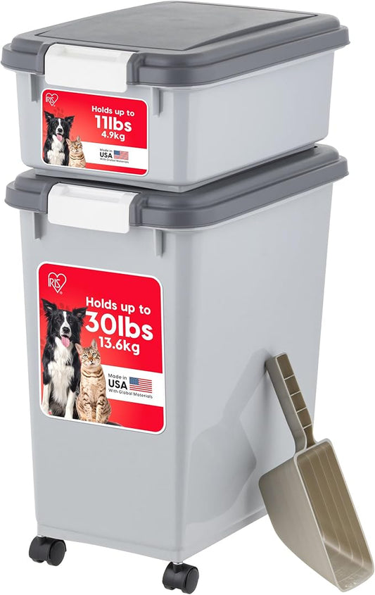 IRIS USA Dog Food Storage Container, 30 lbs & 11 lbs Combo, Cat Food Storage Container, Dog Treat Container, Airtight, Stackable, 2-Cup Scoop, Wheels, Easy Mobility, Gray by IRISUSA