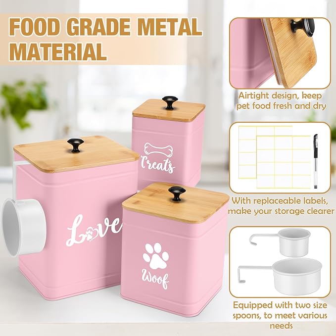 Jingmore Metal Dog Treat Containers Set of 3 with Bamboo Lids and Spoon Airtight 7+3+2 lbs Dog Food Snack Jars with DIY Labels Big Pet Cookie Storage Jar for Kitchen Counter (Pink,Funny) - Image 3