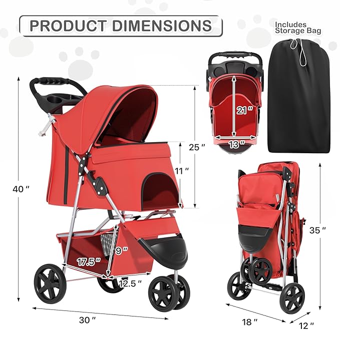 MoNiBloom 3 Wheels Pet Stroller, Foldable Puppy Cage Jogger Stroller with Weather Cover for All-Season, Storage Basket and Cup Holder, Breathable and Visible Mesh for Small/Medium Pets, Red
