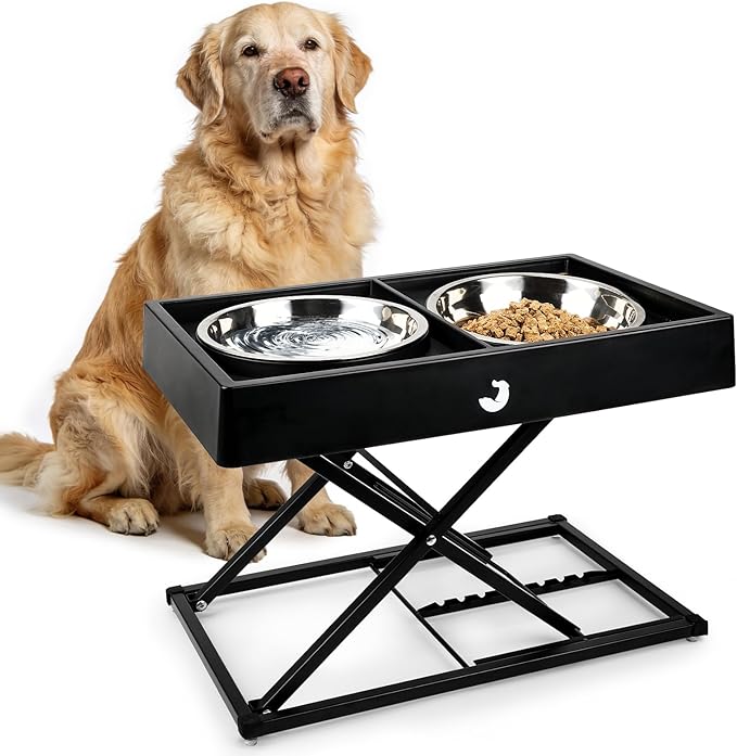 Taglory Metal Elevated Dog Bowls Stand for Large Breeds, 9 Height-Adjustable Raised Dog Bowl with 2 Stainless Steel Bowls(6 Cup), Anti-Slip Pads, 9" to 17.5", Black by Taglory