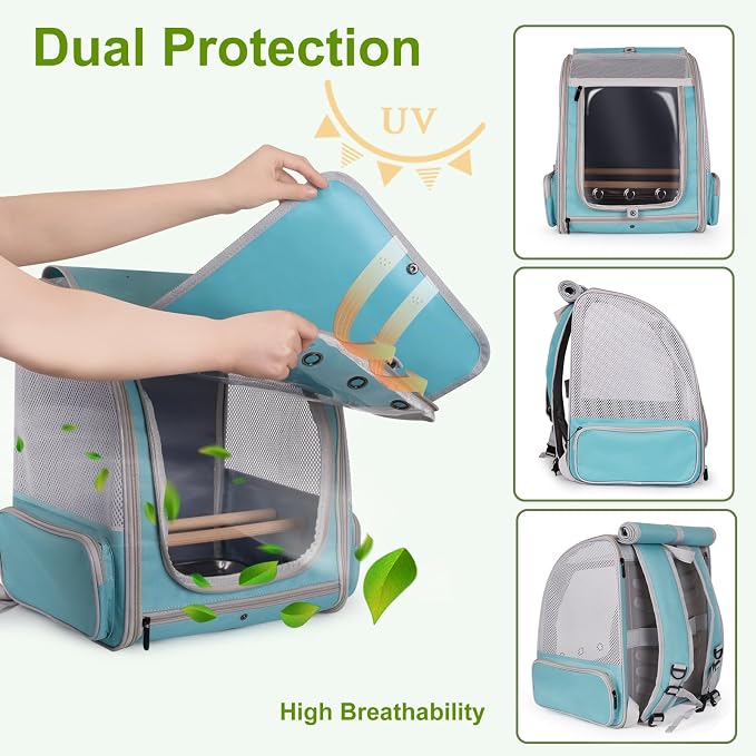 halinfer Bird Backpack Carrier Cage, Front Zipper Opening Portable Bird Travel Bag with Standing Perches and Metal Tray, Vented Carry Transport Carrier for Parakeet, Budgie, Conure, Cockatiel, Parrot - Image 2
