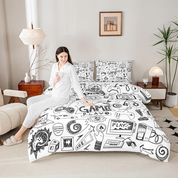 Erosebridal Gaming Comforter Set King, Kids Gamepad Cartoon Bedding Set Video Games Gamers Duvet Set Hip Hop Graffiti Quilt Set Racing Car Comforter Set, Black White Printed Bedroom Decor - Image 4