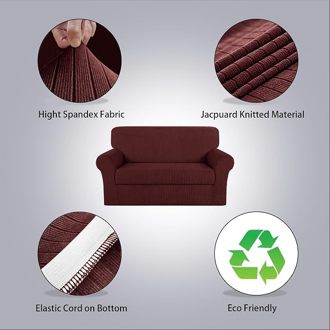 Loveseat Cover Stretching Skid Resistance Couch Cover for Pets Washable, Thick and Durable Soft High Spandex Striped Pattern Sofa Covers, Form Fitted Love Seat Slipcover(Loveseat, Burgundy) - Image 2