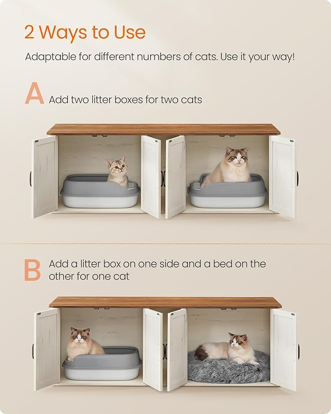 Feandrea Double Cat Litter Box Enclosure, Modern Litter Box Furniture Hidden for 2 Cats, Front Entry, Cat House, Side End Table, TV Stand, 59 x 19 x 19.5 Inches, Honey Brown, Rustic White UPCL010K01 - Image 3