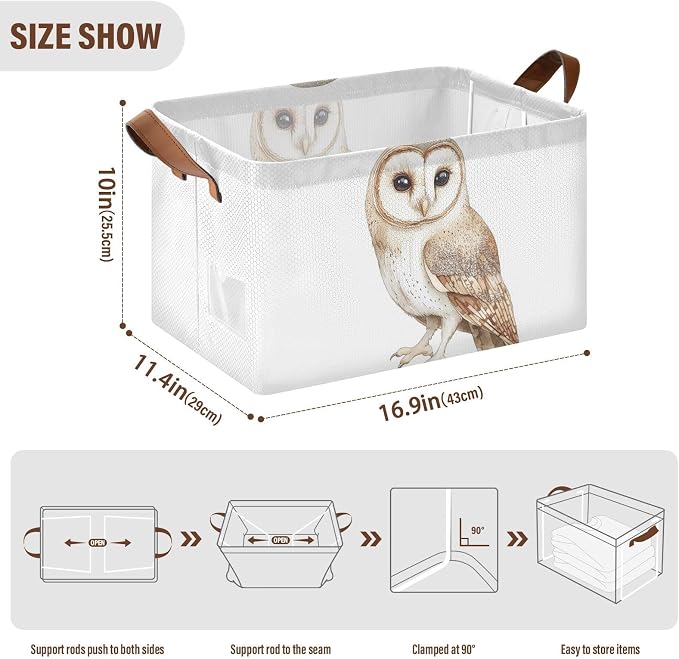 Watercolor Cute Tawny Owl Wild Animal Baby Storage Basket with Labels&Handles Rectangular Waterproof Nursery Storage Bins Collapsible Shelf Organizer Baskets for Kids Books Cloth Gift Basket Toys,2 PC - Image 6