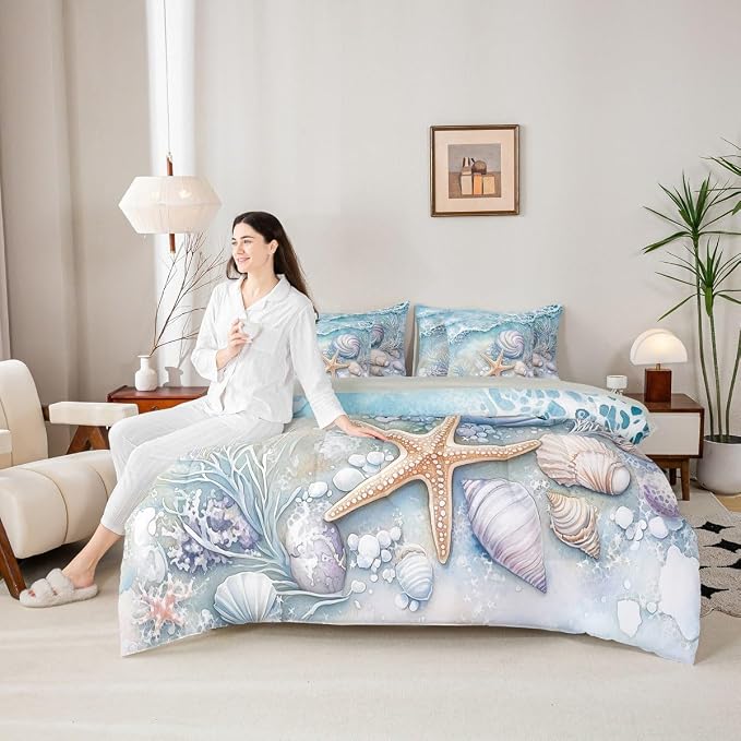 Erosebridal Blue Ocean Coastal Theme Bed in A Bag, Summer Beach Nautical Comforter Set with Sheets Twin for Kids Boys Girls, Shell Coral Starfish 7 Pcs Bedding Set, Seawaves Ocean Life Bed Sets - Image 6