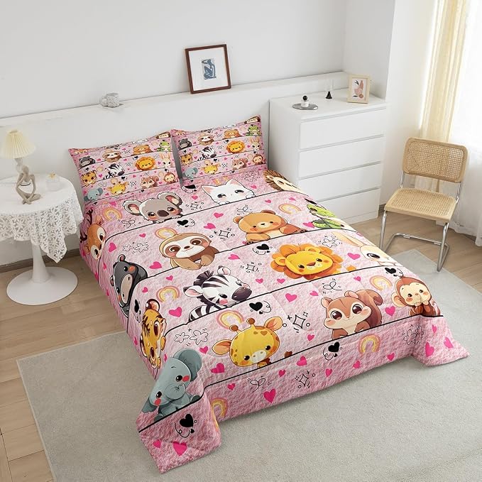 Manfei Cartoon Animals Bed Comforter Set Queen Size,Cute Wildlife Animals Super Soft Microfiber Bedding Set for Adults Men,Zebra Tiger Giraffe Girly Pink Decorative Comforter Set,3 Pcs - Image 3