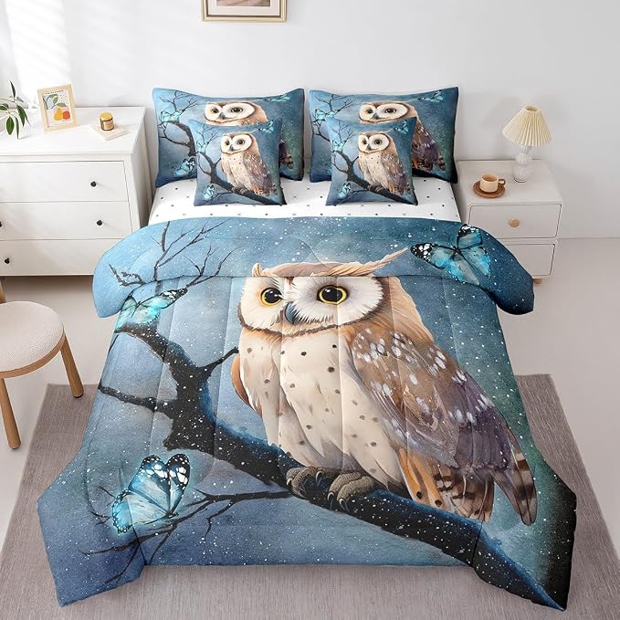 Erosebridal 7 Pcs Owl Comforter Set King Size, Cartoon Owl Bed in a Bag with Flat Sheet and Fitted Sheet for Kids and Adults, Watercolor Animal Style Bedding Set with Pillowcases & Shams - Image 3