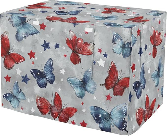 Dog Crate Cover Kennel Cover for Dog Cages Breathable for Wire Cage Indoor Outdoor Grey Patriotic Butterflies Stars by QwThum