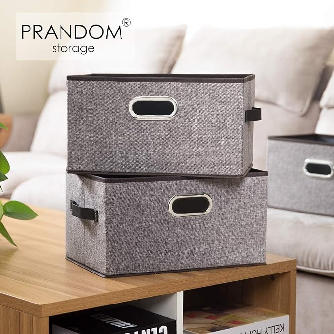 PRANDOM Large Collapsible Storage Baskets for Closet [5-pack] Decorative Fabric Storage Bins Cubes with Leather/Metal Handles for Shelves Bedroom Living Room Grey (14.9x9.8x8.3 Inch) - Image 2