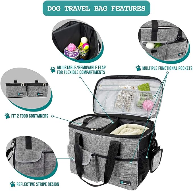PetAmi Dog Travel Bag Organizer, Pet Travel Kit with 2 Food Containers & 2 Collapsible Dog Bowls, Pet Supplies Tote with Luggage Sleeve, Weekend Road Trip Camping Essentials, Gray, Medium - Image 4