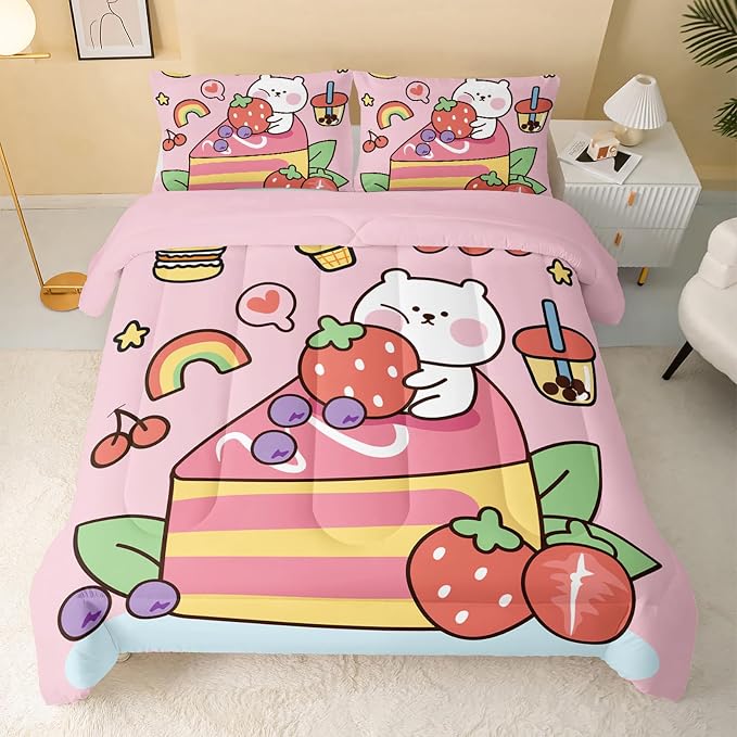 QOOMO Kawaii Bear Comforter Queen,Pink Bear Comforter Set for Kids Teens Girls,3Pcs Bedding Set Printed Comforter with 2 Pillowcases,Down Alternative,Soft and Lightweight，Queen Size - Image 2