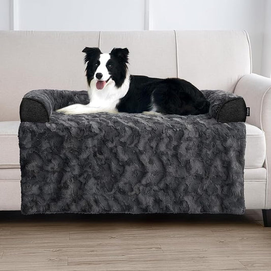Calming Large Dog Couch Bed, Waterproof Memory Foam with Durable Fluffy Fuzzy Mats, Washable Removable Cover Protector for Sofa, Bedside, Gift, 41 x 37 Inches, Dark Grey by blunique